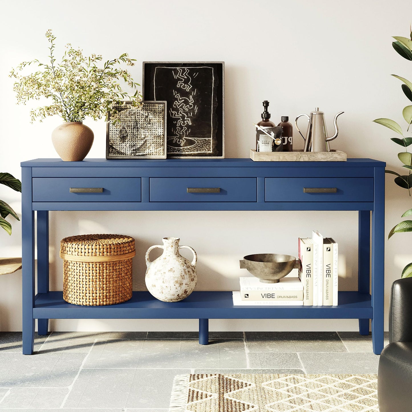 Merax Entryway Console Table, with 3 Storage Drawers, Bottom Shelf Design/Wood Frame/Behind Couch & Sofa, Blue