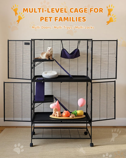 Garvee Metal Small Animal Cage,64 in H Ferret Cage for Small Animals - 4 Tier Large Hamster Cage with Removable Ramp, Hammock, Extra Storage Stand,Removable Tray for Ferret, Chinchilla, Hamster