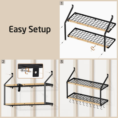 KES 132lb Heavy Duty Hanging Pot Rack Wall Mounted, 34 Inch Solid Wood Pot Rack Wall Mounted with 20 Sturdy Hooks, 2-Tier Wooden Pots Hanger Organizer Matte Black, KUR529S85B-BK