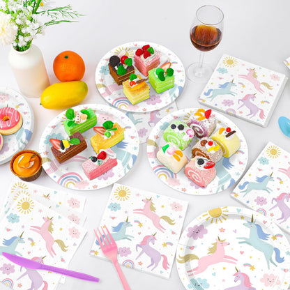 168PCS Unicorn Party Supplies Pastel Rainbow Unicorn Birthday Decorations Kit Sun Cloud Paper Plates Napkin Cups Forks Knives Favors for 24 Guests