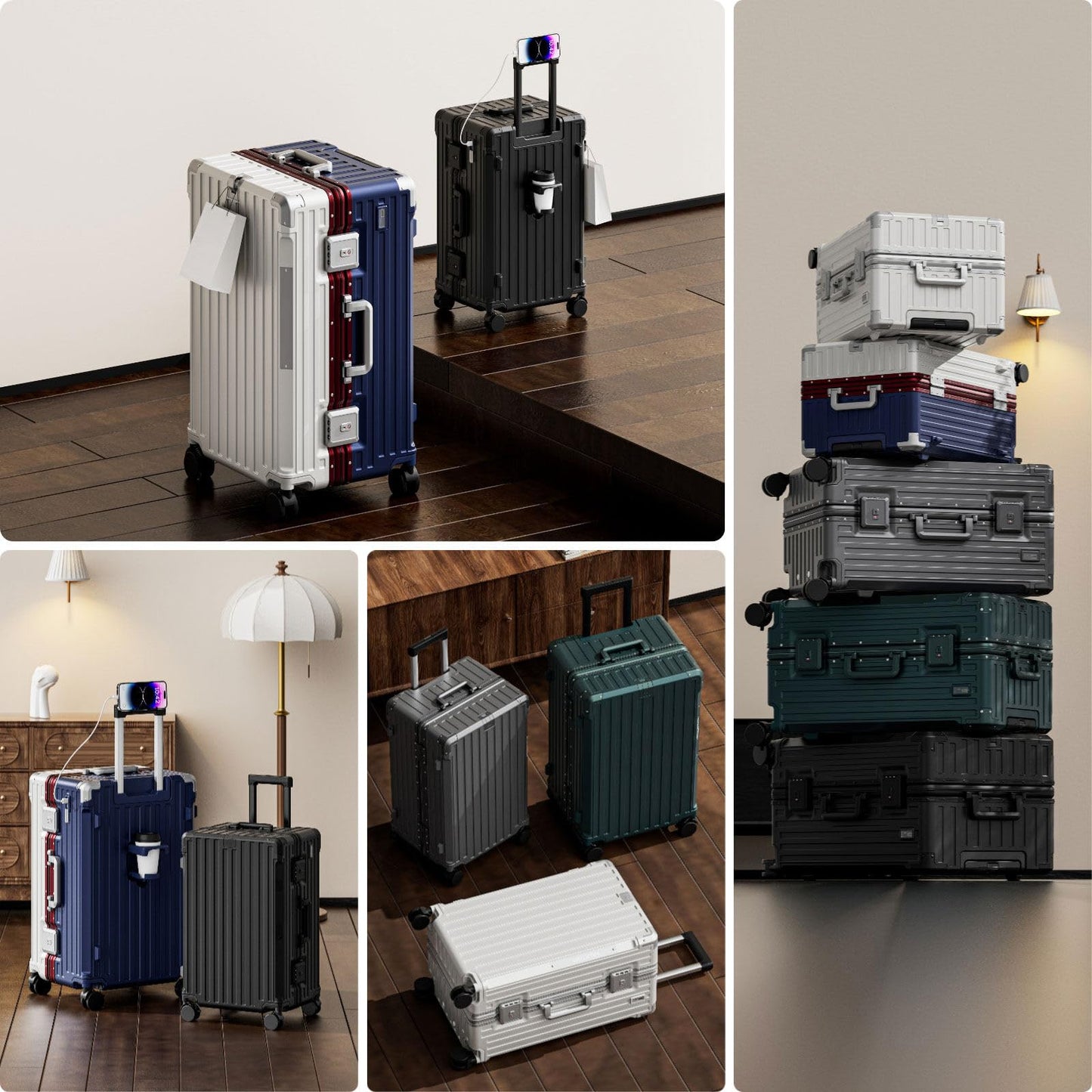 LEOVEN Hardside Luggage, LS-0683 PC Hard Shell Suitcase with Cup Holder, USB, Type-C, 3:7 Ratio, Large Capacity, Aluminium Frame, TSA Customs Lock, 360° Double Wheels with Brake and Shock Absorber