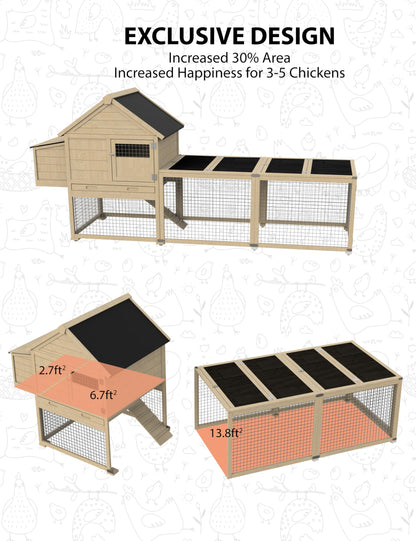 KYBOLT Rabbit Cage, Indoor and Outdoor Rabbit Hutch, Chicken Coop Small Animal Pen and Hutch Enclosure with Anti-UV Waterproof Roof, No Leak Pull Out Tray, Run and Ramp, 109in, Wood Color