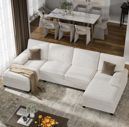 U-Shaped Sectional Couches for Living Room, 4 Seat Sofa with Double Chaise Lounges,Solid Wood Frame Sectional Sofa for Apartment,White