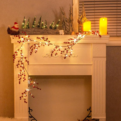 Vanthylit 6FT Red Berry Garland Lights, Battery Operated Christmas Garland with Timer for Holiday Decorations