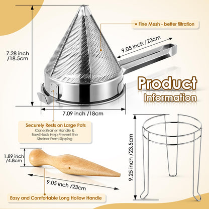 Feekoon Stainless Steel Chinois Strainer with Stand and Wooden Pestle Set, China Cap Strainer for Tomato, Berry, Fruit, Egg, Soup and Other Canning Jam Making Supplies, 15.35 x 7.67 x 7.28 inch