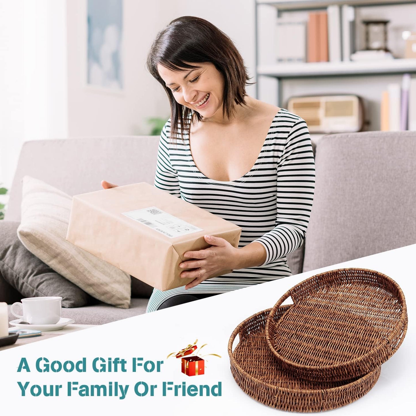 13.8 inch 35cm SEDISON Rattan Tray / Hand Woven Wicker Tray for Coffee Table Home Kitchen Decorative, Large Rattan