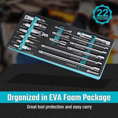 DURATECH 22-Piece Drive Tool Accessory Set, Including 1/4 3/8 1/2 Extension Bars, Socket Adapters, Universal Joints, Spark Plug Sockets, Professional Socket Accessories, Cr-V Steel, EVA Foam Package