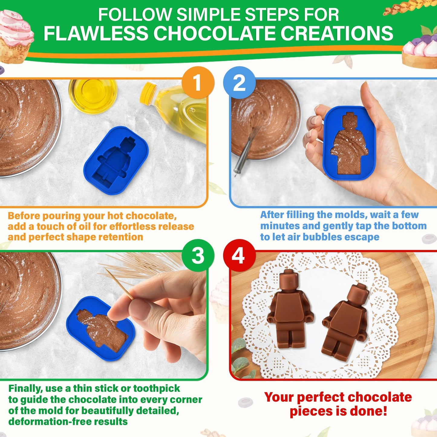 6 Pcs Robot & Bricks Silicone Molds for Chocolate – Non-Stick, Heat-Resistant & Easy to Clean – Chocolate Molds Silicone Design for Baking, Ice, Gummy, Candy & Cake Decorating – Fun DIY Kitchen Tool