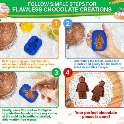 6 Pcs Robot & Bricks Silicone Molds for Chocolate – Non-Stick, Heat-Resistant & Easy to Clean – Chocolate Molds Silicone Design for Baking, Ice, Gummy, Candy & Cake Decorating – Fun DIY Kitchen Tool