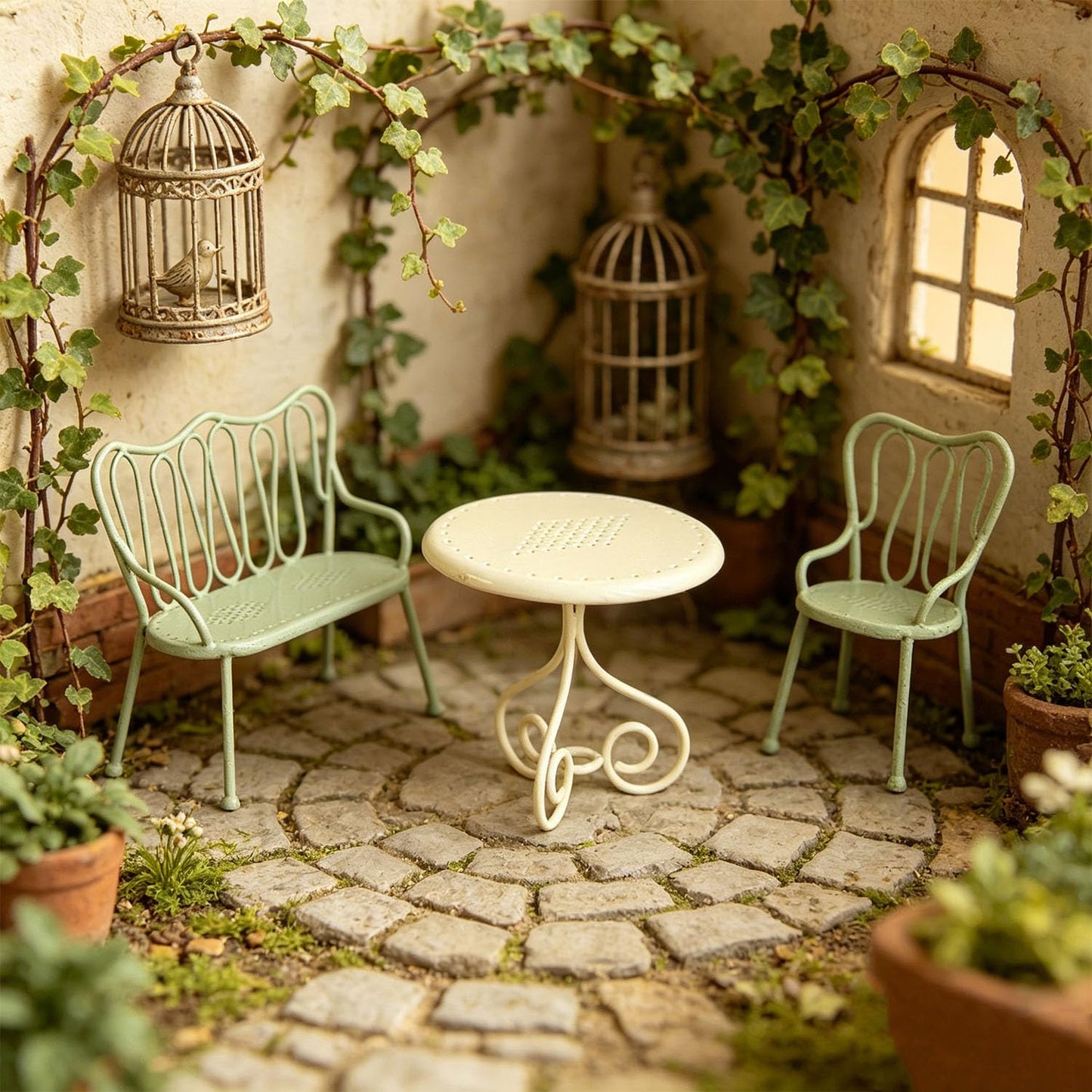 Minamzee 1:12 Scale Nordic Style Dollhouse Dining Table and Chairs 3-piece Set, Realistic Dollhouse Furniture, Decorative Accessories for Dining Room, Garden and Living Room (Green)