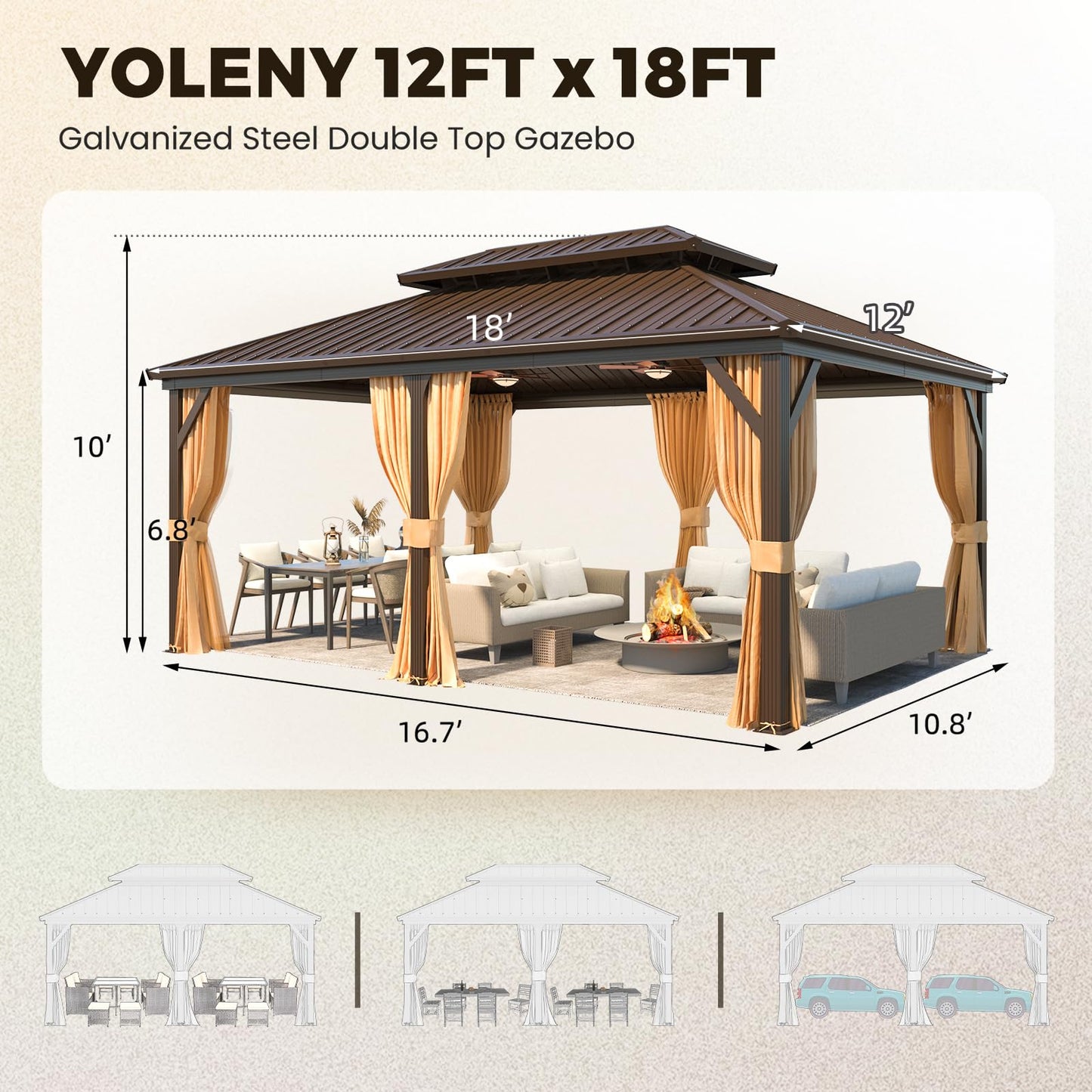 YOLENY 12' x 18' Gazebo Hardtop with Aluminum Frame,Galvanized Steel Double Roof Gazebos with Curtain and Netting,Outdoor Metal Pergolas for Garden, Lawn, Deck, Brown