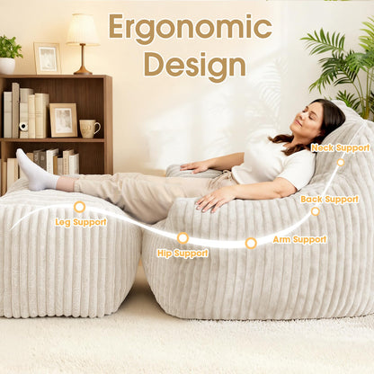 LuxMoment Giant Bean Bag Chair with Ottoman, Oversized Plush Comfy Bean Bag Sofa for Adults and Kids, Memory Foam Mini Couch Single Lounges for Living Room, Bedroom & Game Room(Beige)