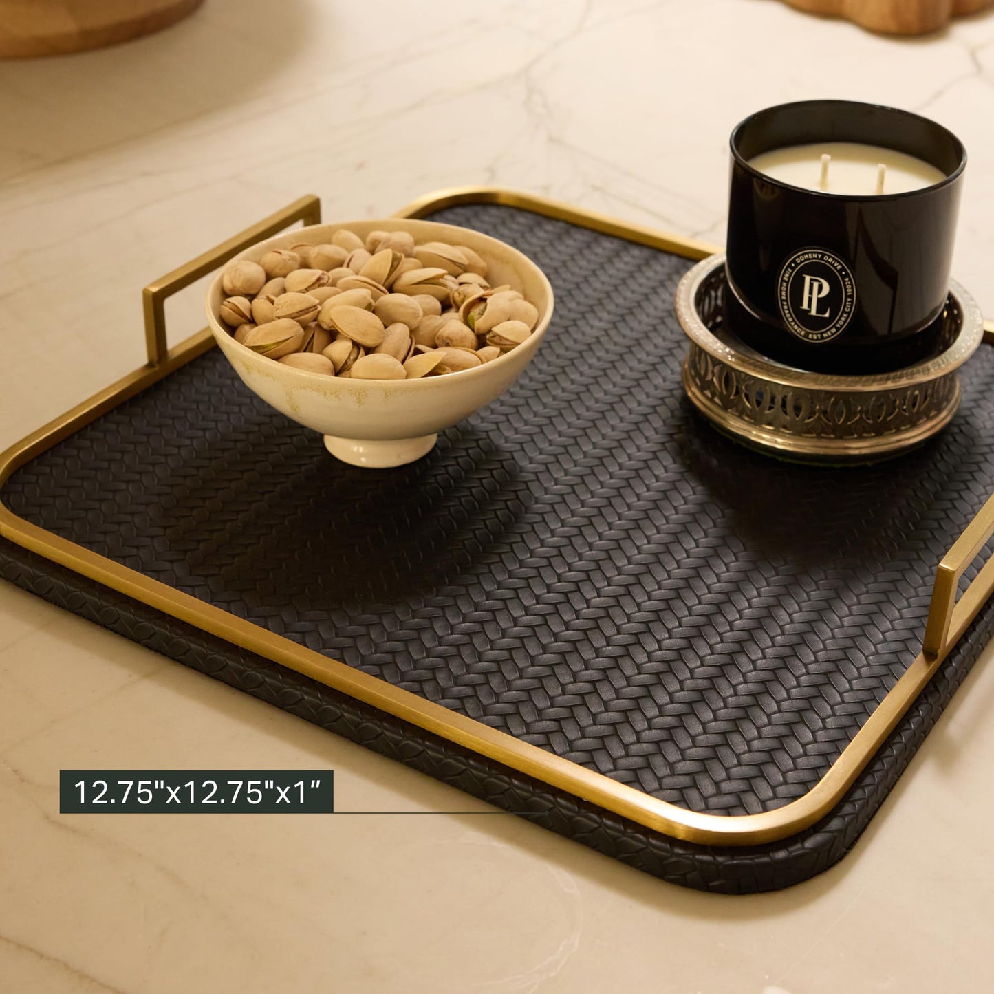 Preston Lane Mayfair Decorative Tray – Vegan Leather with Woven Texture, Brushed Brass Handles – Serving, Dresser & Coffee Table Tray, Ink 12.8 x 12.8 x 1