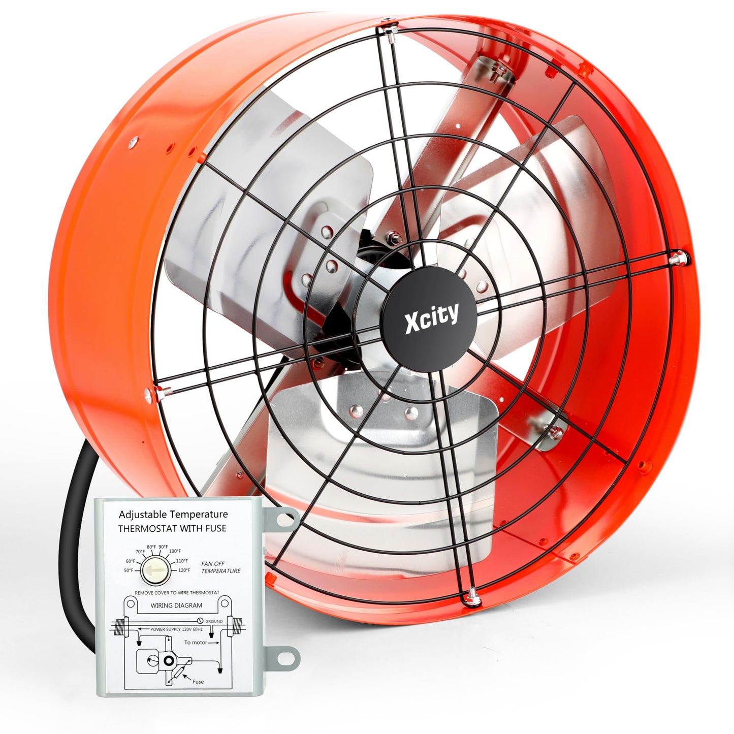 Xcity 14 inch Gable Mount Fan with Adjustable Thermostat, Heavy-Duty Vent Attic Fan, High Velocity 1600 CFM, 2400 sq.ft, Metal Exhaust Ventilator for Garage, Attic, Greenhouse