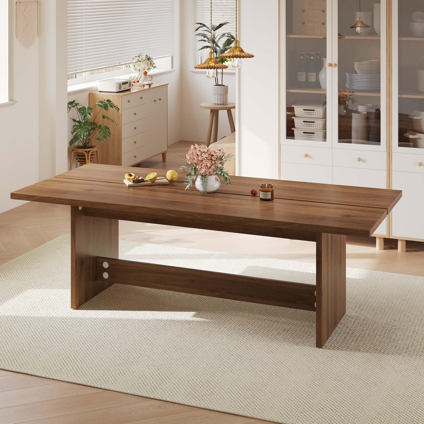 86.6" Mid-Century Modern Dining Table for 8-10, Rectangle Kitchen Table with Sturdy Base, Wooden Dining Room Table for Living Room, Kitchen, Walnut Brown