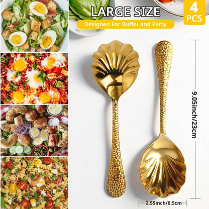 Serving Spoons 4Pack, 18/10 Stainless Steel Large Serving Spoons Set, Hammered Long Handle Serving Spoons for Buffet, Scalloped Design Serving Utensils for Kitchen Party Buffet Banquet (Gold)