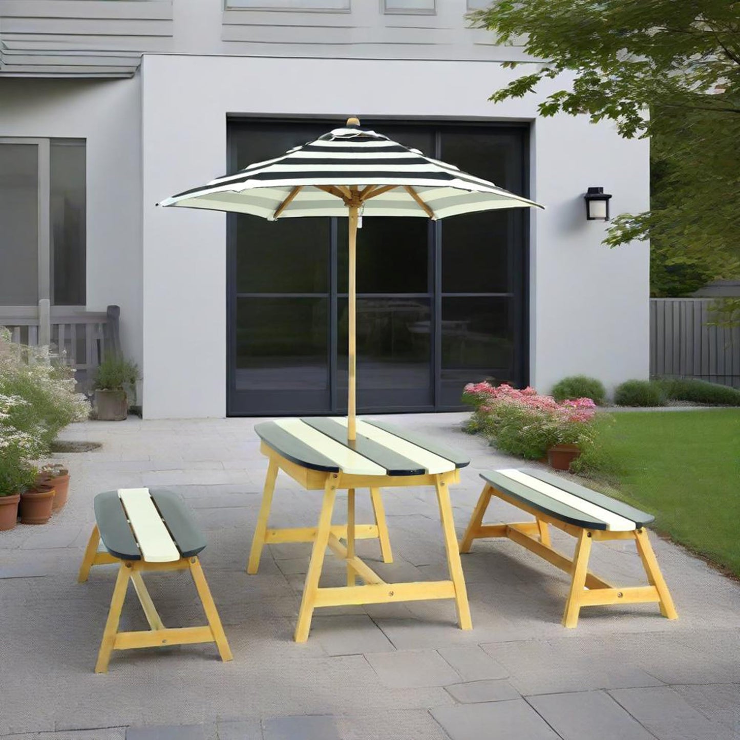 shifmall Naturally Playful Kids Picnic Table with Umbrella, Indoor/Outdoor Fun, Dark Blue Poplar Wood