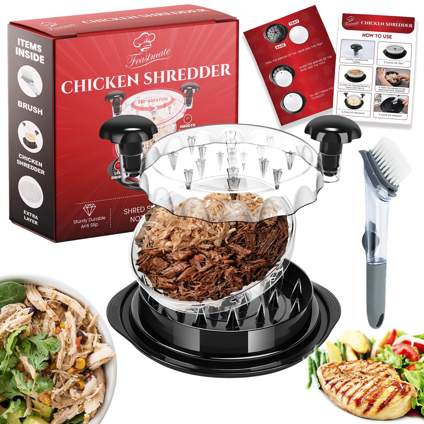 Chicken Shredder Tool Twist 10" Upgraded 3-Layer Meat Shredder for Chicken Breast, Pork & Beef | Transparent Visible Lid Food Shredder with Removable Plate, Soap Dispenser Brush, Non-Slip, BPA-Free