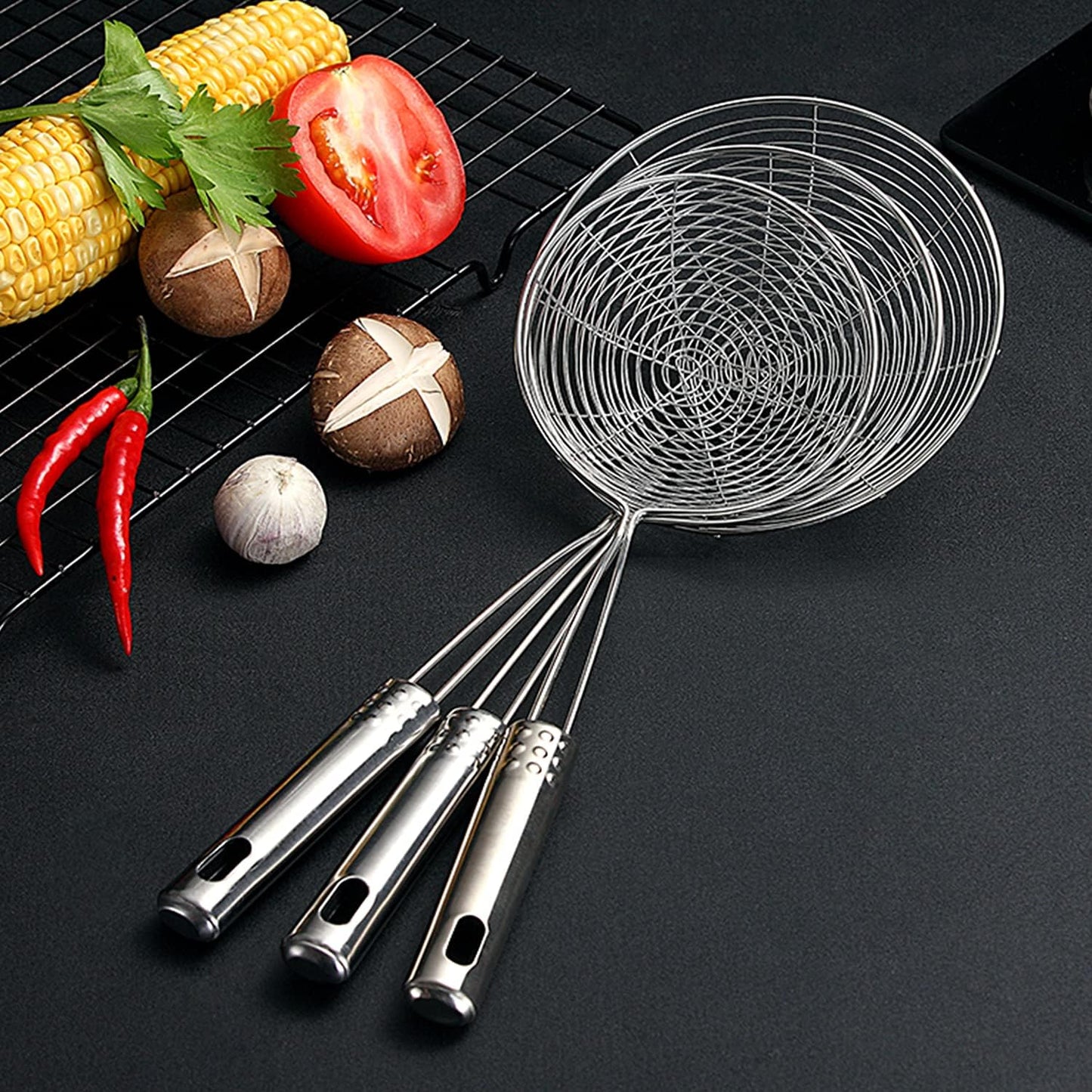 Spider Strainer Skimmer Spoon, Set of 3 Sizes, Stainless Steel Fryer Scoop, Wire Strainer Ladle for Cooking