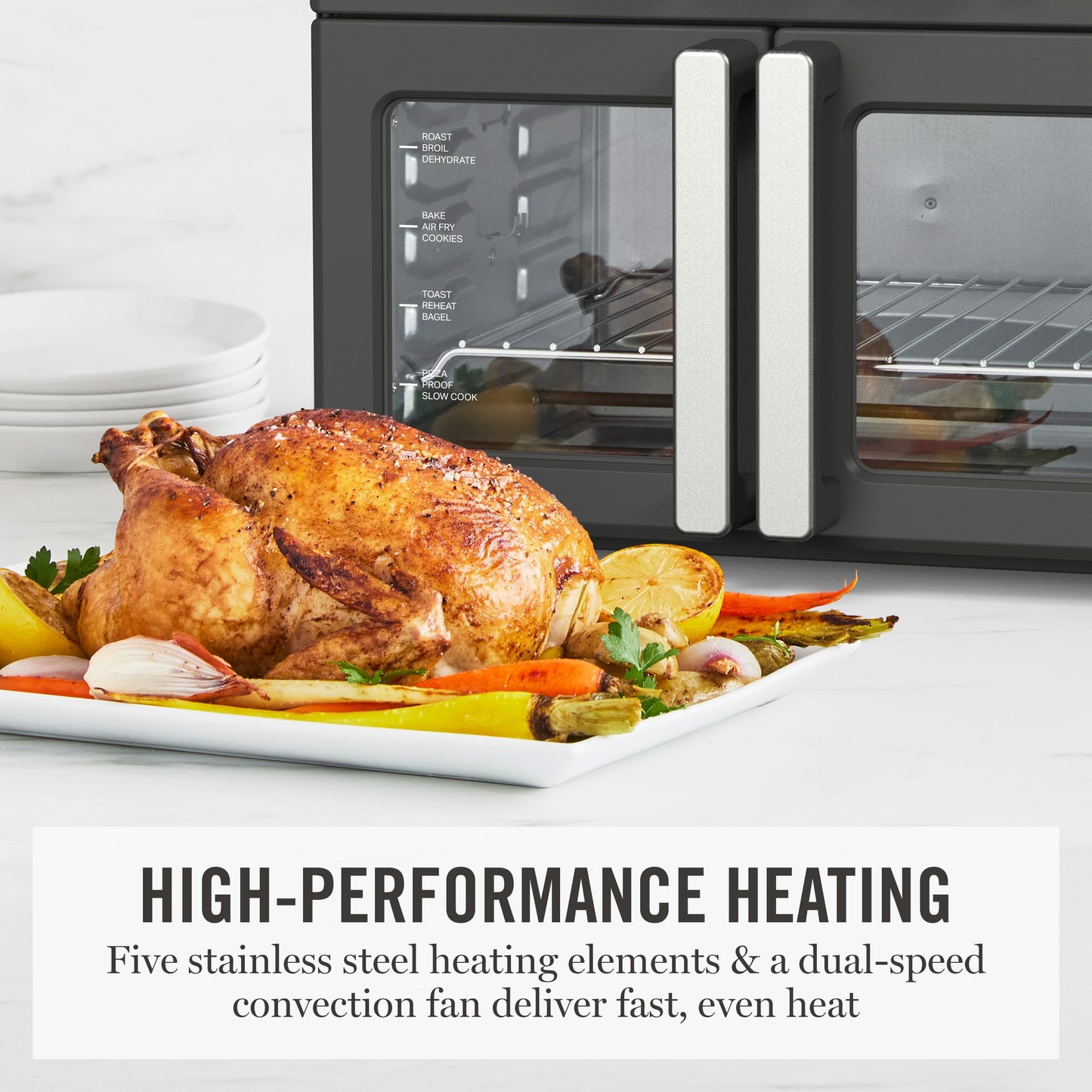 Martha Stewart French Door Air Fryer Toaster Oven Combo, 34QT Countertop Convection, 12-in-1, Bake, Broil, Roast, Fits 12” Pizza, Dehydrate, 5 Accessories, Air Fry Basket, Stainless Steel, Caviar Gray