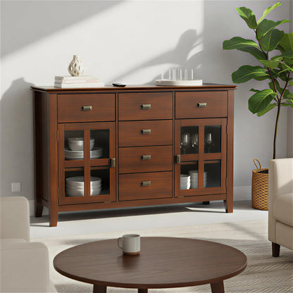 SIMPLIHOME Artisan Buffet - 54 inch Wide Solid Wood 3-Door Sideboard Buffet in Russet Brown, Transitional Storage Cabinet for Dining Room or Kitchen with Adjustable Shelves and Bronze Hardware