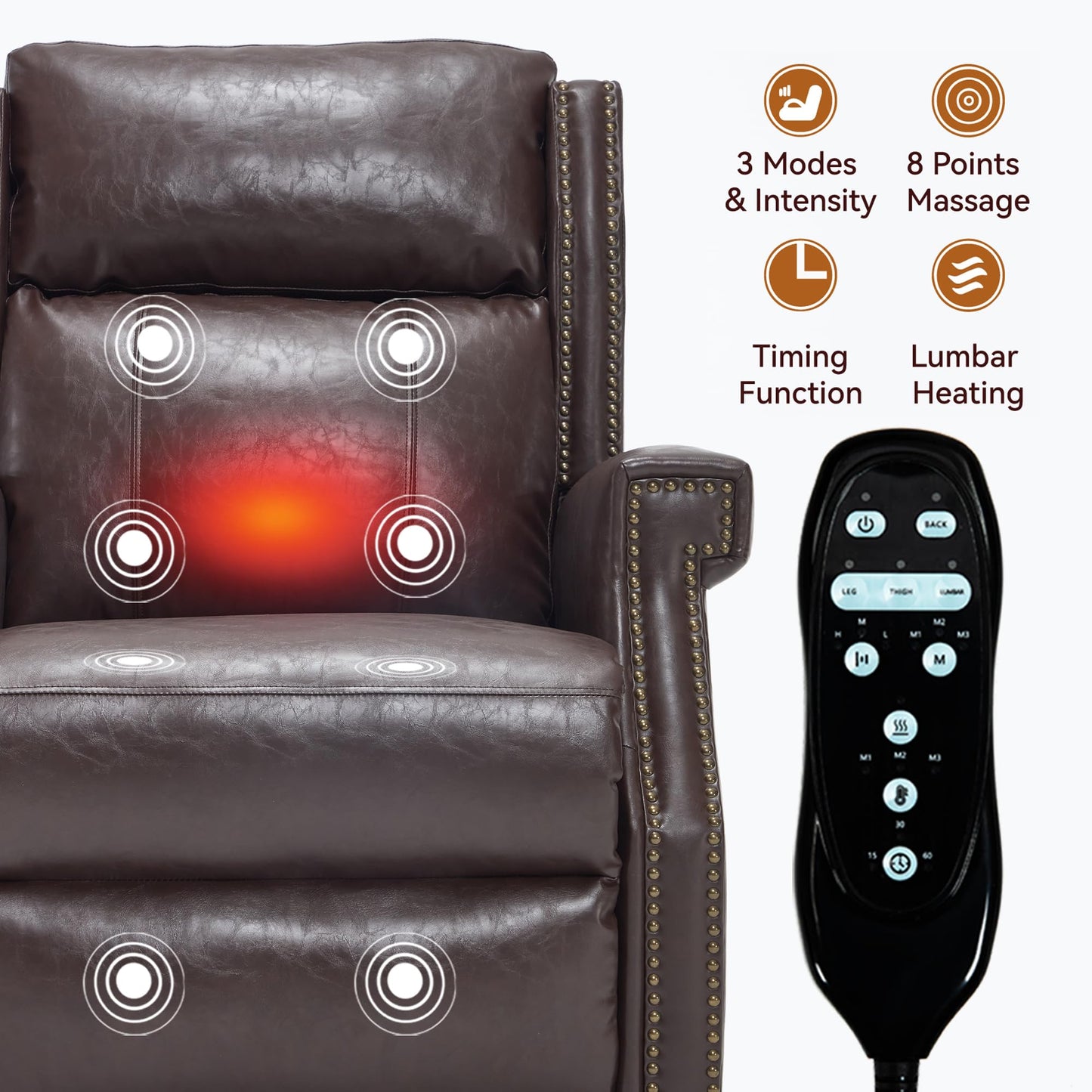 KEIKI Mid Century Modern Oversized Recliner Accent Chair for Adults, Manual Leather Recliner Chair with Back Massager and Heating for Living Room, Rocking Chaise Lounge Chair Indoor, Antique Brown