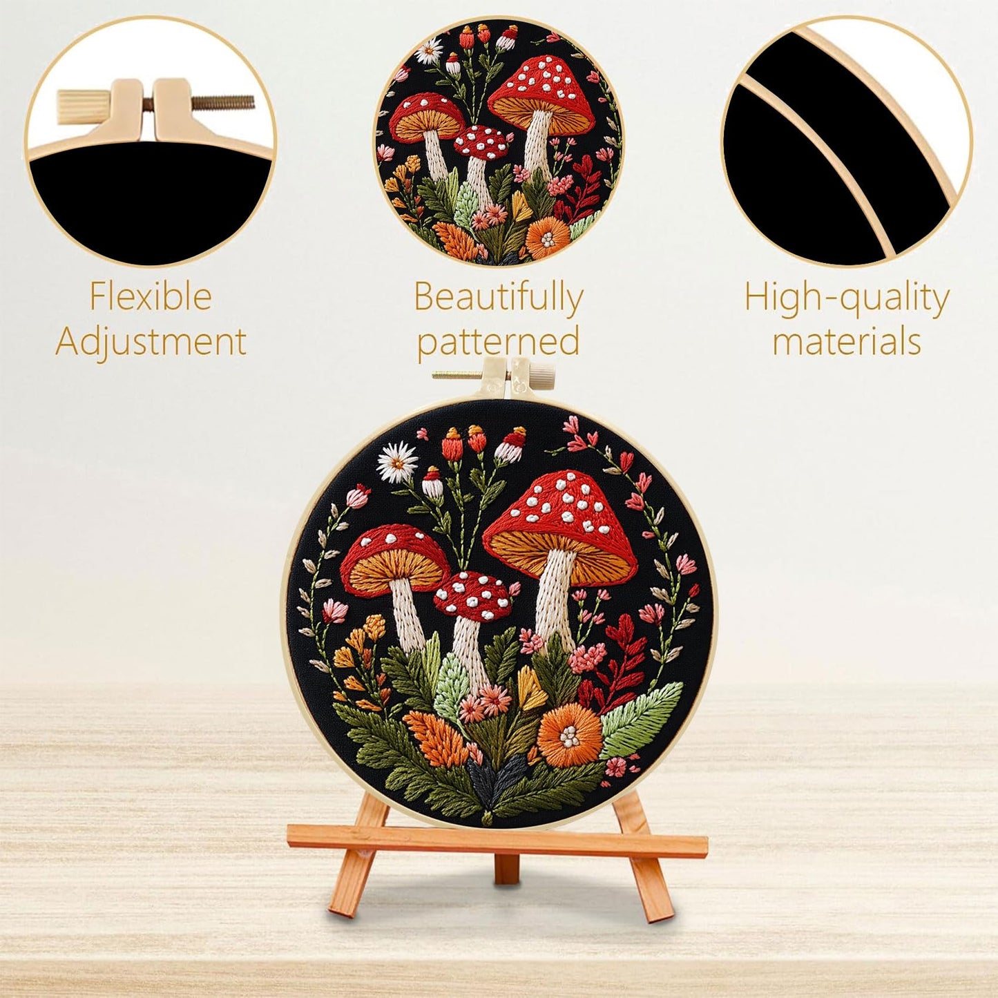 SCECALA 4 Pack Mushroom Embroidery Kit - Botanical Flower Floral Hand Embroidery Kit for Beginners with Pattern, Complete Cross Stitch Supplies DIY Craft for Adults Sewing Hobby, 1pc Hoops