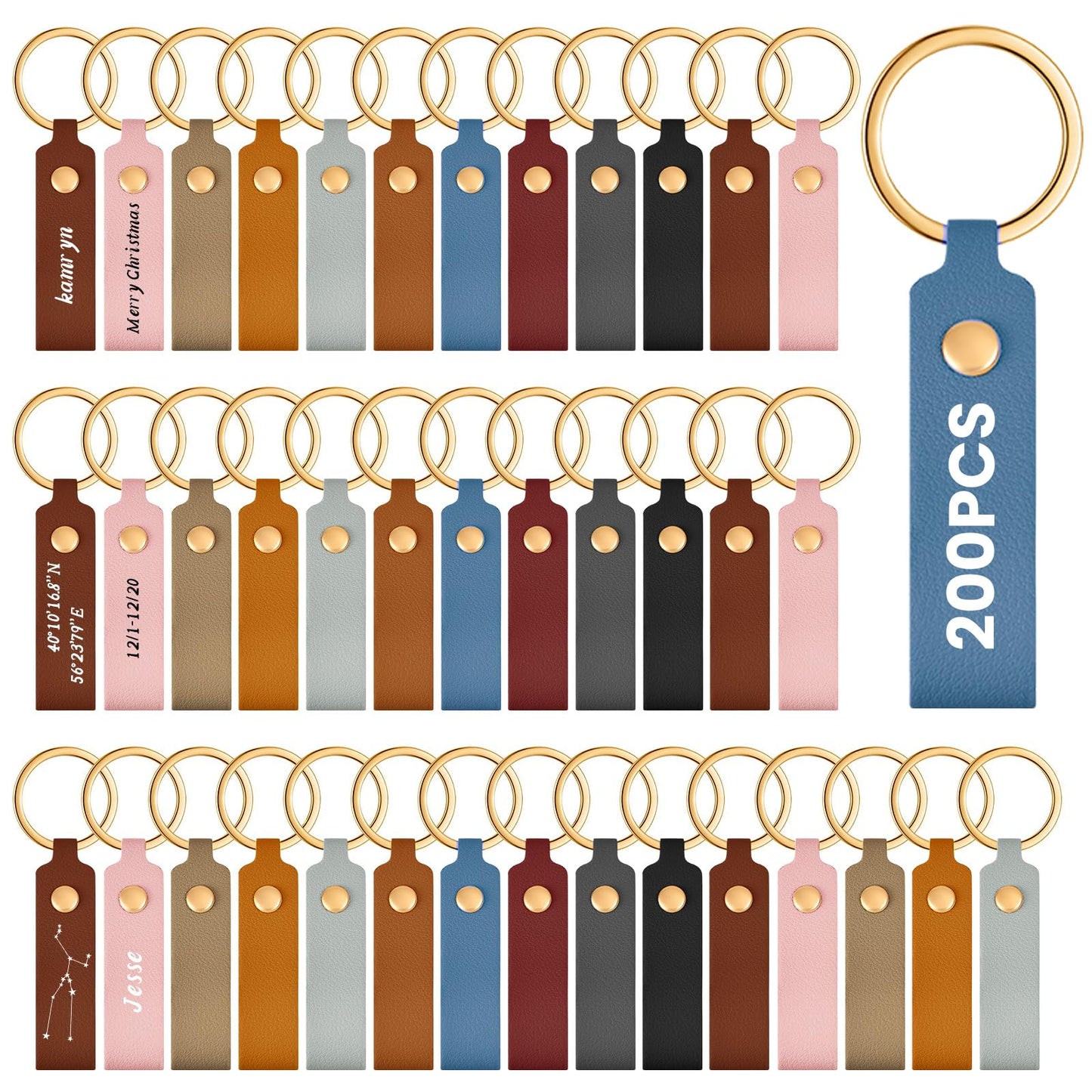 Wavyknot 200 Pcs PU Leather Keychain Blanks Bulk Laser Engraving Blanks Keychain Kit with Key Rings for DIY Key Chains Craft (3.7 x 0.7 Inches,Classic Colors)