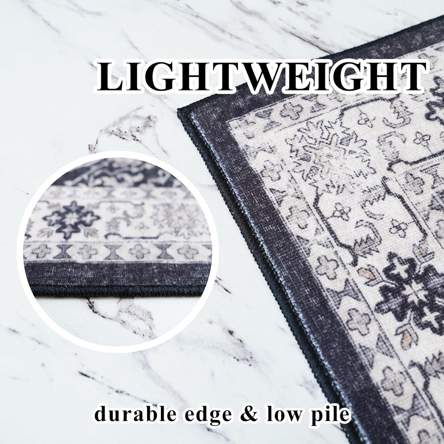 Skiennix Vintage Washable Area Rug - Soft Non-Slip Door Mat | Water-Resistant Low Pile (2x3, Black)
