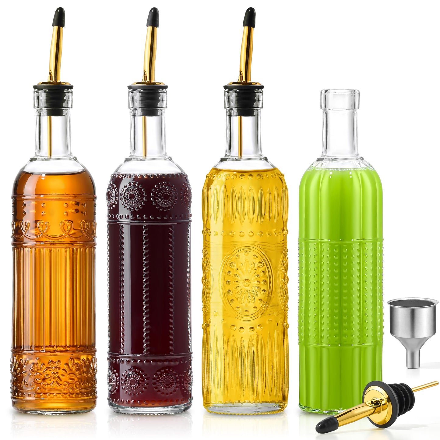 Ruiao 4 Pcs Olive Oil Dispenser Bottle for Kitchen,17oz Clear Glass Oil and Vinegar Dispenser Bottle Set, Classic Coffee Syrup Dispenser with 4 Stainless Steel Spouts and 1 Funnel (Round)
