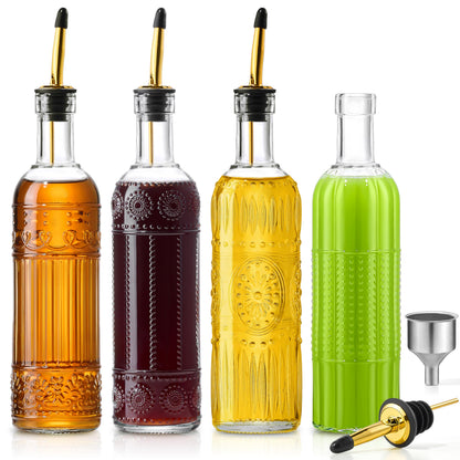 Ruiao 4 Pcs Olive Oil Dispenser Bottle for Kitchen,17oz Clear Glass Oil and Vinegar Dispenser Bottle Set, Classic Coffee Syrup Dispenser with 4 Stainless Steel Spouts and 1 Funnel (Round)