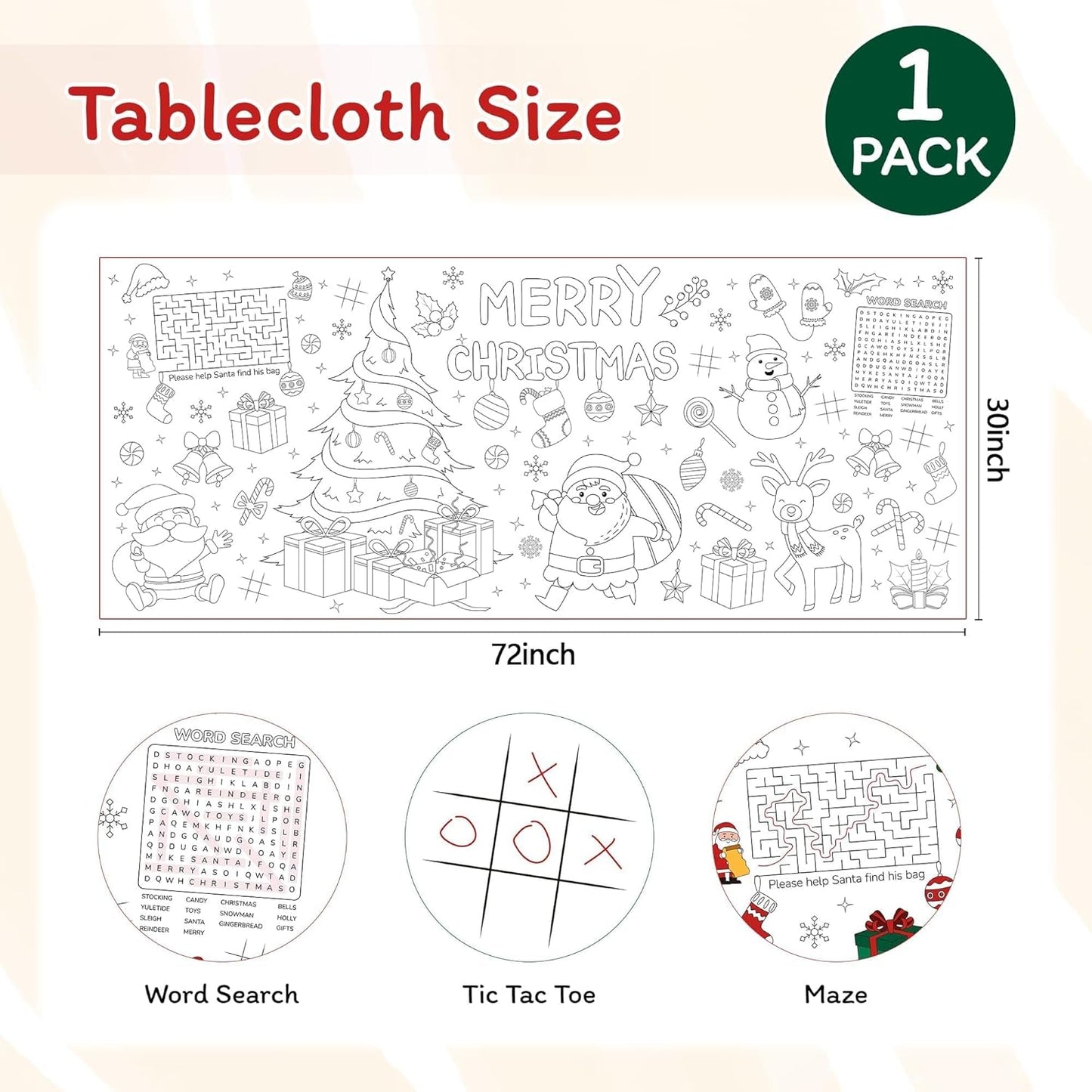 1 Pack Kids,30 72 Inch Childom Christmas Coloring Tablecloth for Kids,Christmas Crafts for x Disposable Paper Table