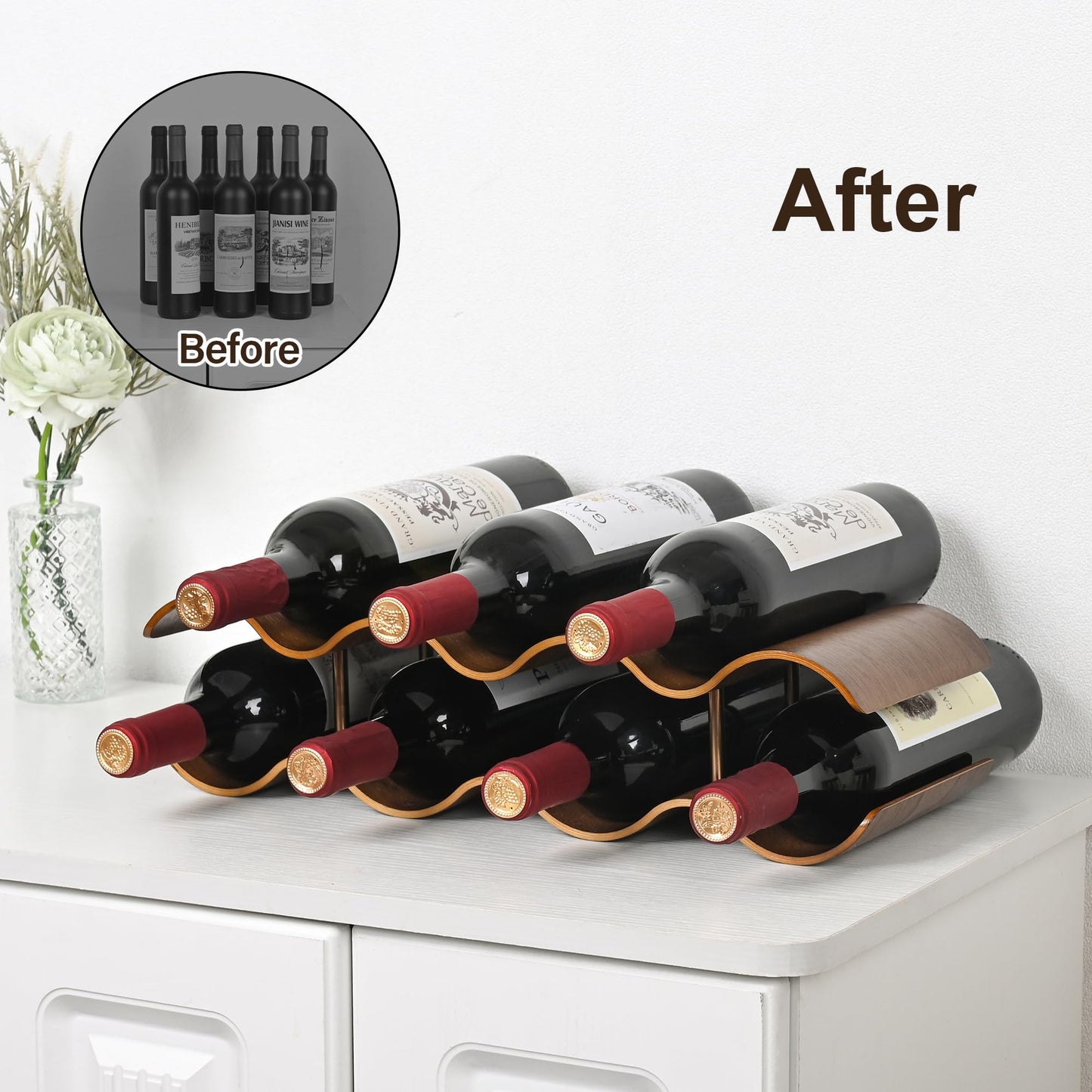 TRUDING Countertop Wine Rack - 7 Bottle Freestanding Wine Bottle Holder Stand - 2 Tier Wooden Wine Storage Rack - Walnut Wavy Wine Organizer for Cabinet Pantry Home Kitchen Bar