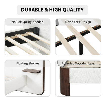 Merax King Size Upholstered Platform Bed Frame with Large Curved Headboard,Built-in Floating Shelves,Wood Slats and Metal Support for Bedroom,Noise-Free
