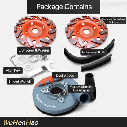 Wohenhao Dust Shroud for Angle Grinder 4.5-5 inch + 2 PCS Diamond Grinding Cup Wheel 5 inch + Replacement Brush, Universal Surface Grinding Shroud Kit for Various Surfaces
