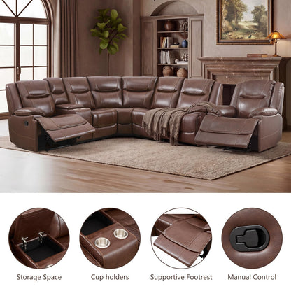 EBELLO Genuine Leather Recliner Sectional Sofa Set, Manual Reclining Corner Couches with Storage Console and Hidden Cup Holders, Extra Wide Footrest for House/Living Room, Brown