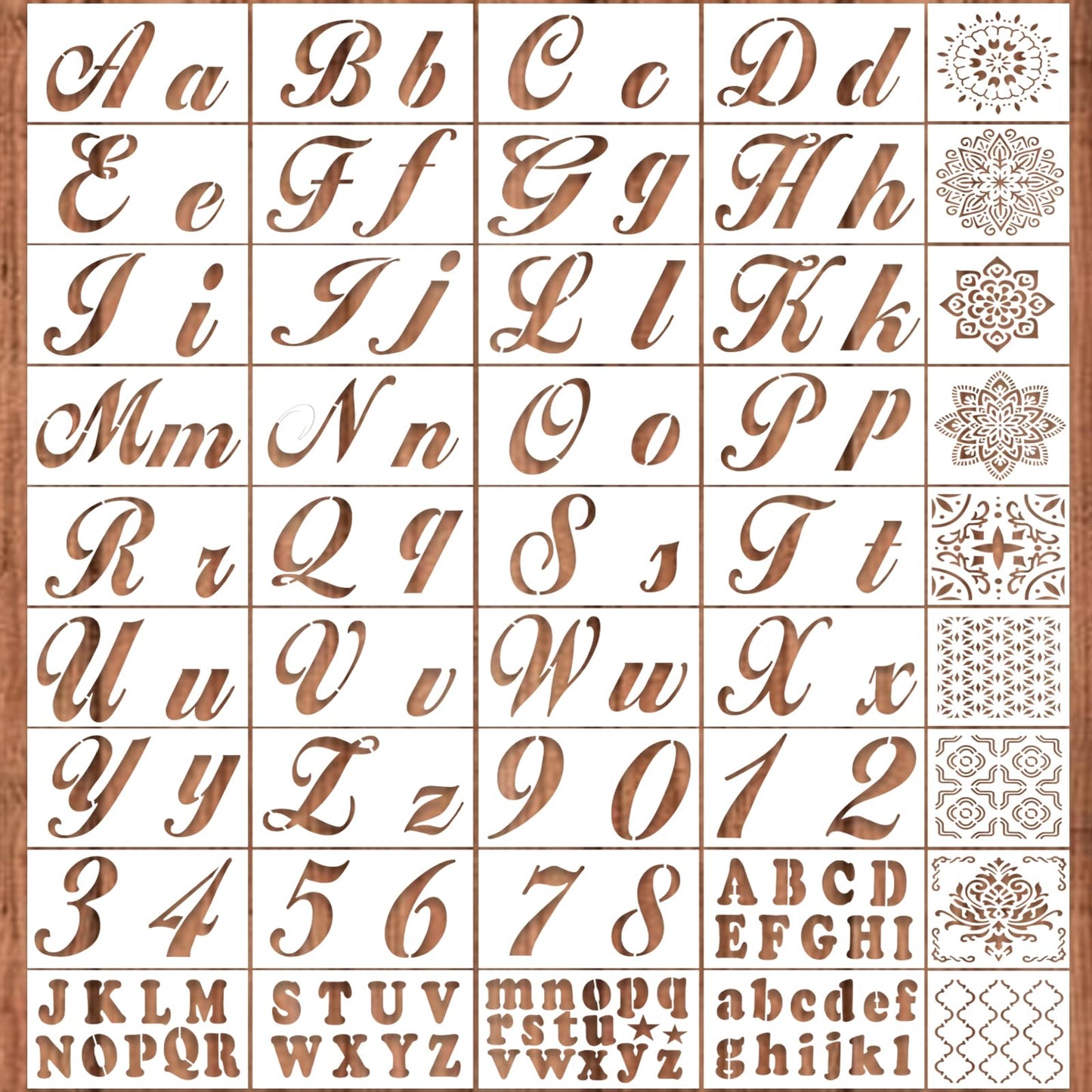 Large Alphabet Mandala Stencils – 2 & 4 Inch Reusable Upper & Lowercase Letters, Numbers, 45PCS Templates for Calligraphy, DIY Painting, Journals, Wood & Fabric Art