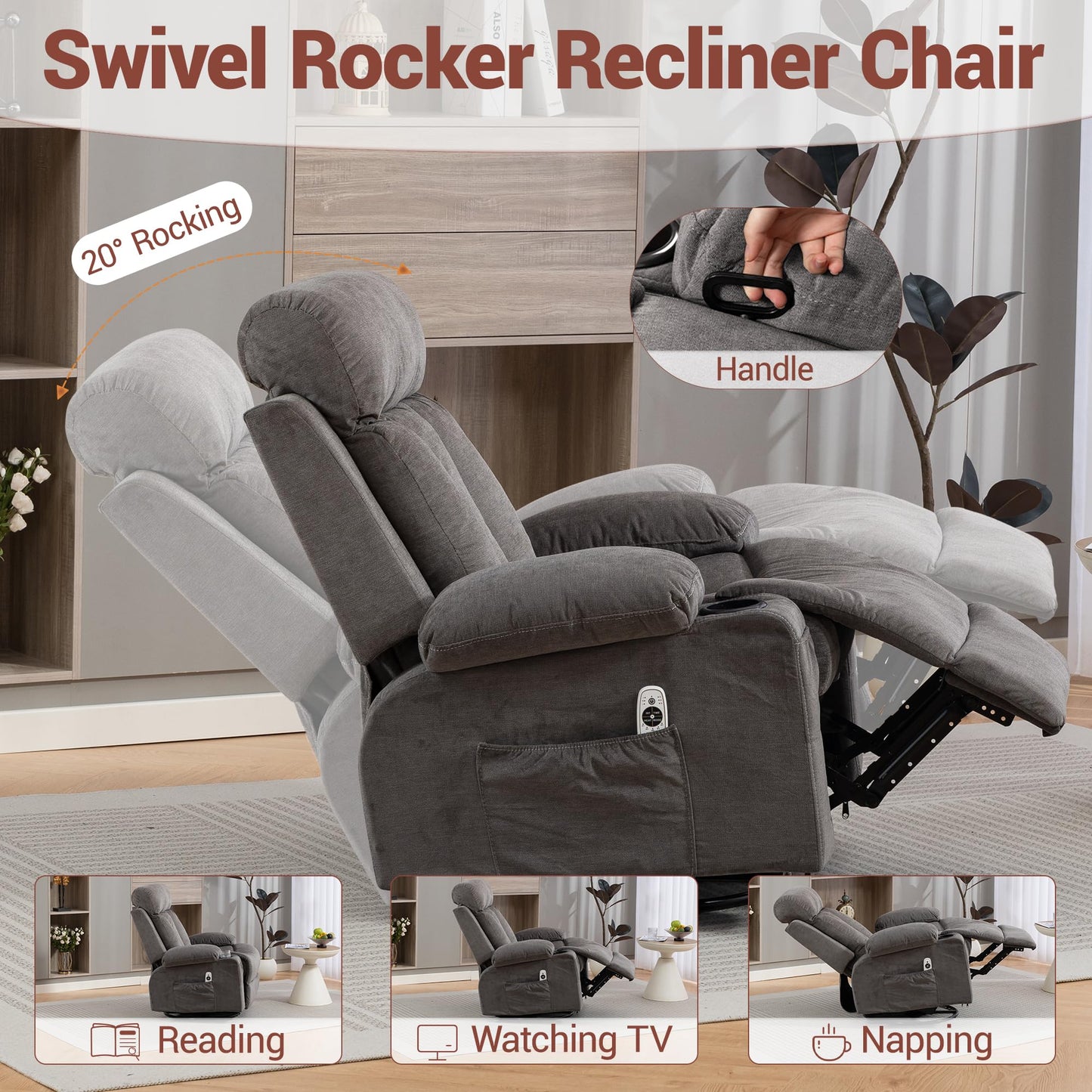 WINVO Rocker Recliner, Glider Recliner Chairs for Adults, 360° Swivel Recliner Chair w/Massage and Heating, Nursery Chair with Rocking Function, Side Pocket, Cup Holders for Living Room, Bedroom, Grey
