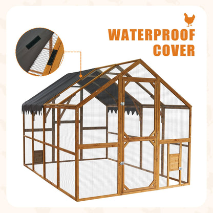 KEIKI 110" L Outdoor Large Chicken Coop with Waterproof Cover, Wire Mesh & 2 Lift Small Doors with Locks, Wood Chicken Coop House with Run for Cat Kitten Playpen, Duck, Rabbit, Quail