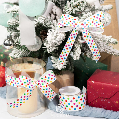 Polka Dot Ribbon Set 3 Rolls 5/8", 7/8", 1.5" Rainbow Colored Dot Grosgrain Ribbons for Gift Wrapping, Birthday Party, Baby Shower, Wreaths, Hair Bows, Banners, Candy Bags, DIY Crafts