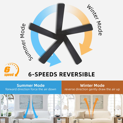 WINGBO 48" DC Ceiling Fan No Light - 5 Carved Solid Wood Blades, 6-Speed Reversible DC Motor, Ceiling Fan without Lights for Living Room Bedroom Kitchen Patio, Indoor and Outdoor, Matte Black