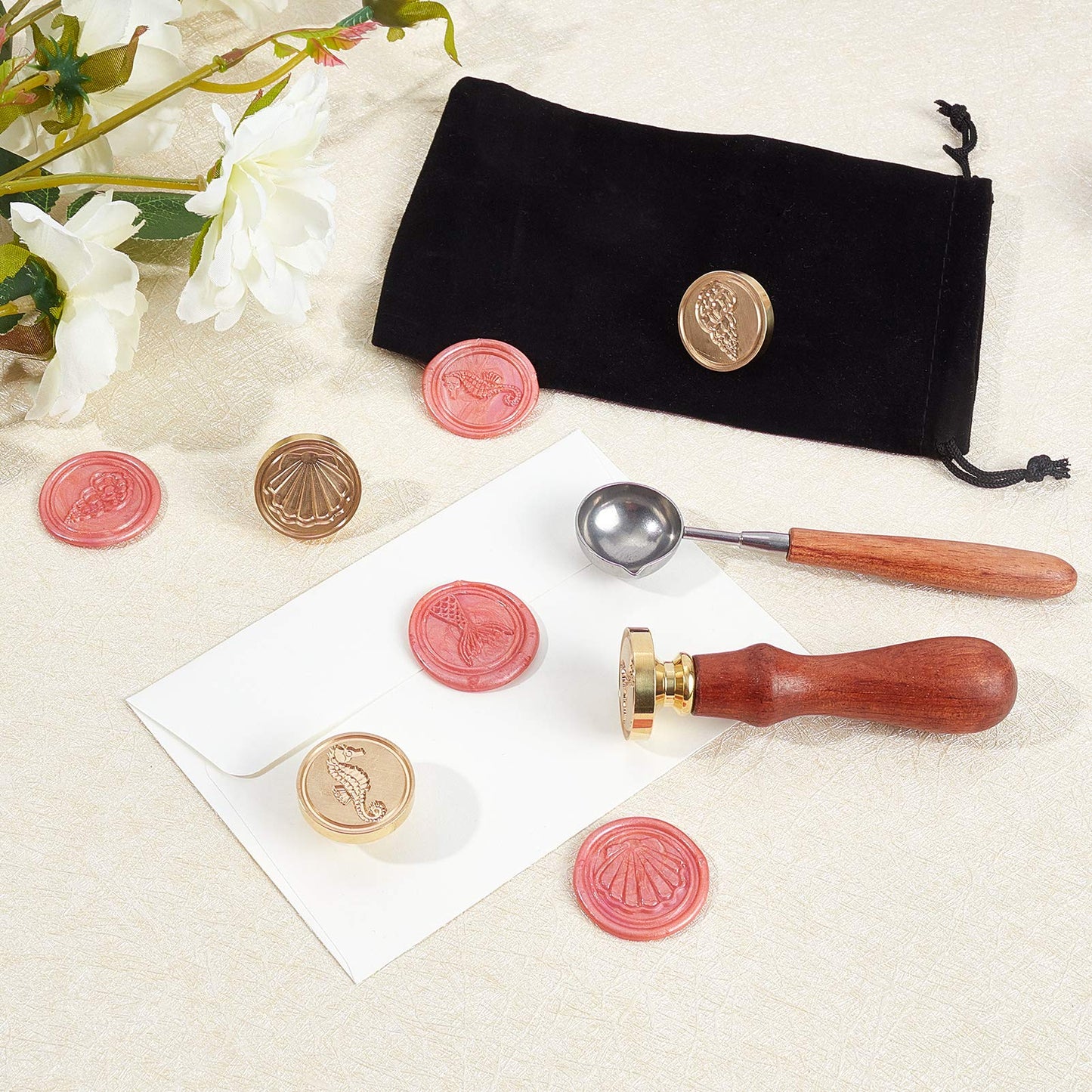 CRASPIRE 7Pcs Ocean Theme Wax Seal Stamp Kit Shell Seahorses Sealing Wax Stamps Brass Heads Wood Handle Black Velvet Pouch Conch Sea Animals Retro Brass Stamp Kit for Letter Envelope Card Gift Decor