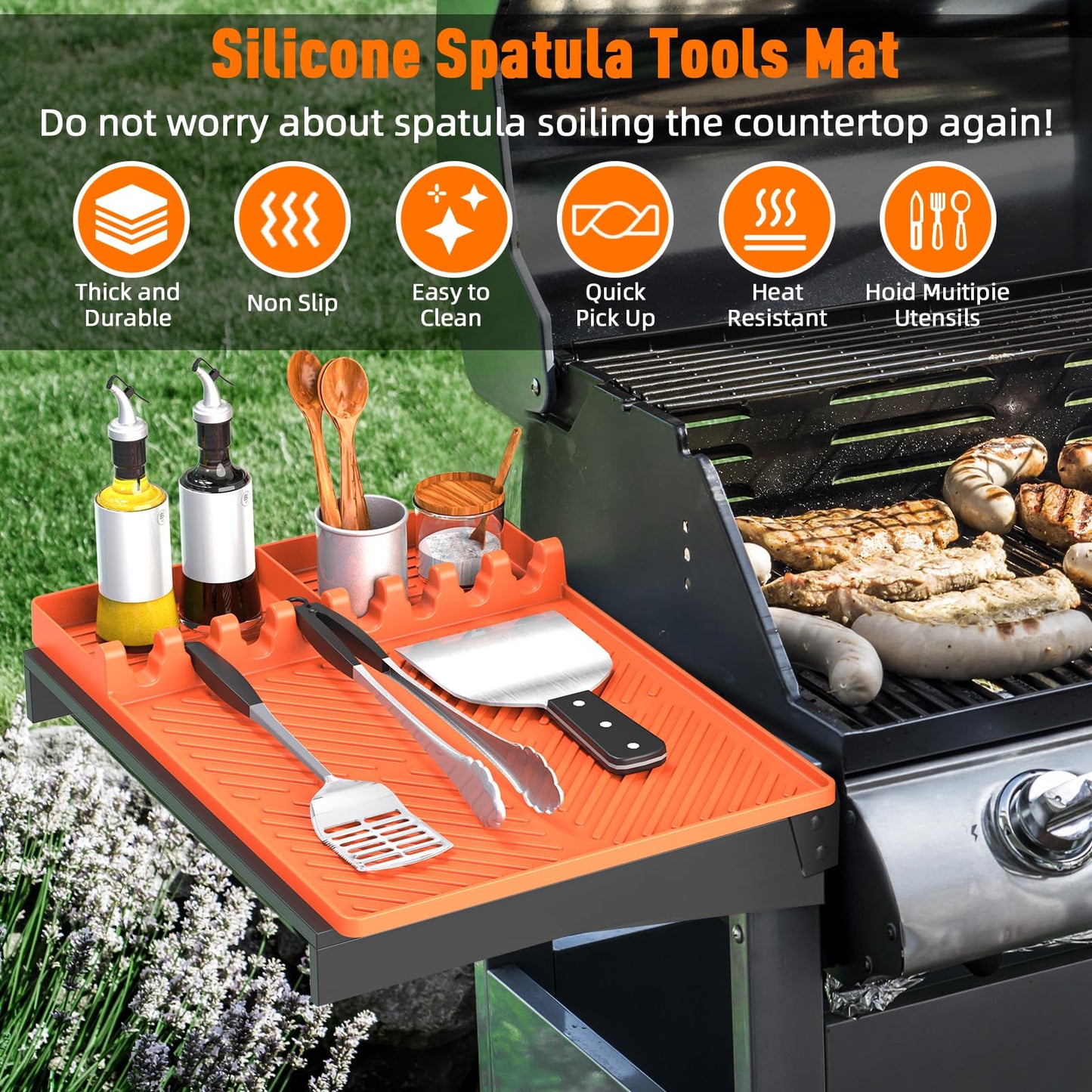 Silicone Grill Mat Compatible with Blackstone, BBQ Griddle Tools Mat with Drip Pad, Spatula Mat for Outdoor Kitchen Counter, Gifts for Men (Orange)