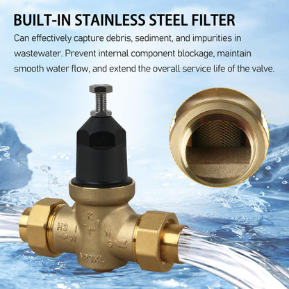 Water Pressure Regulator 1-NR3XLDU 1" with Double Union FNPT Connection Adjustable 15-75 PSI, Built-In Stainless Steel Strainer for Home, Commercial, Plumbing Applications