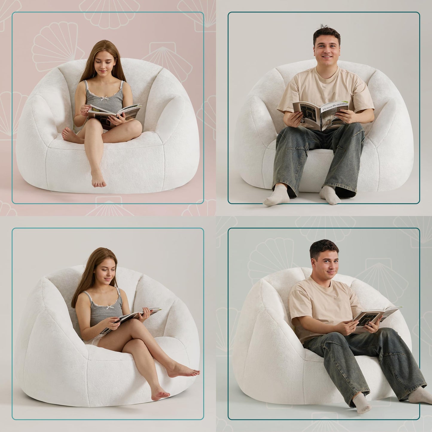 Gericco Swivel Giant Bean Bag Chair for Adults - Comfy Plush Round Shell Soft Accent Chair, Oversized Cozy Floor Sofa for Living Room, Bedroom & Game Rooms, Beige