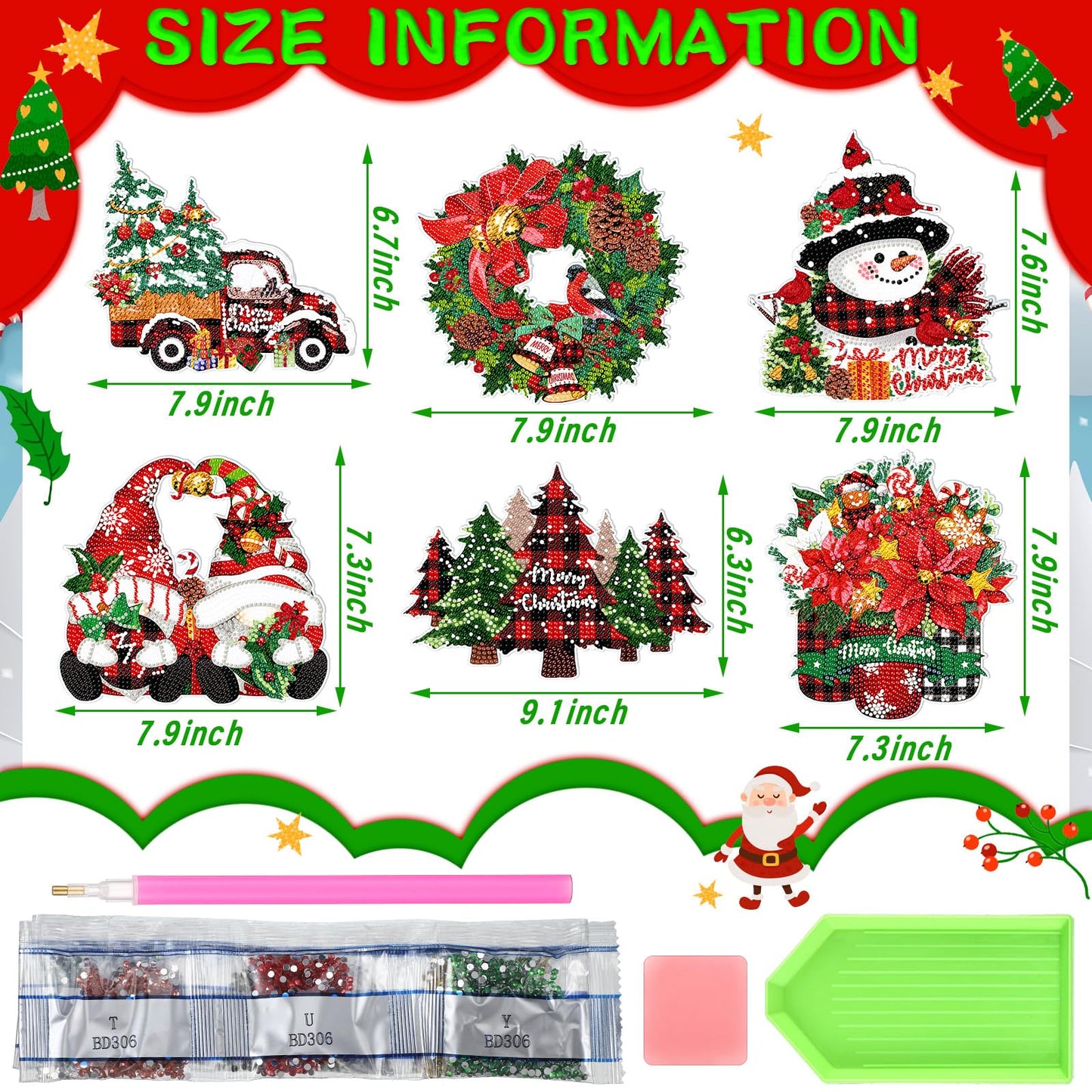 Zonon 6 Pcs Christmas Diamond Painting Hanging Sign Set 5D Gnome Snowman Diamond Art Set for Adults DIY Art Pendant Ornaments Kits Acrylic Christmas Tree Wreath Truck for Wall Window Decor