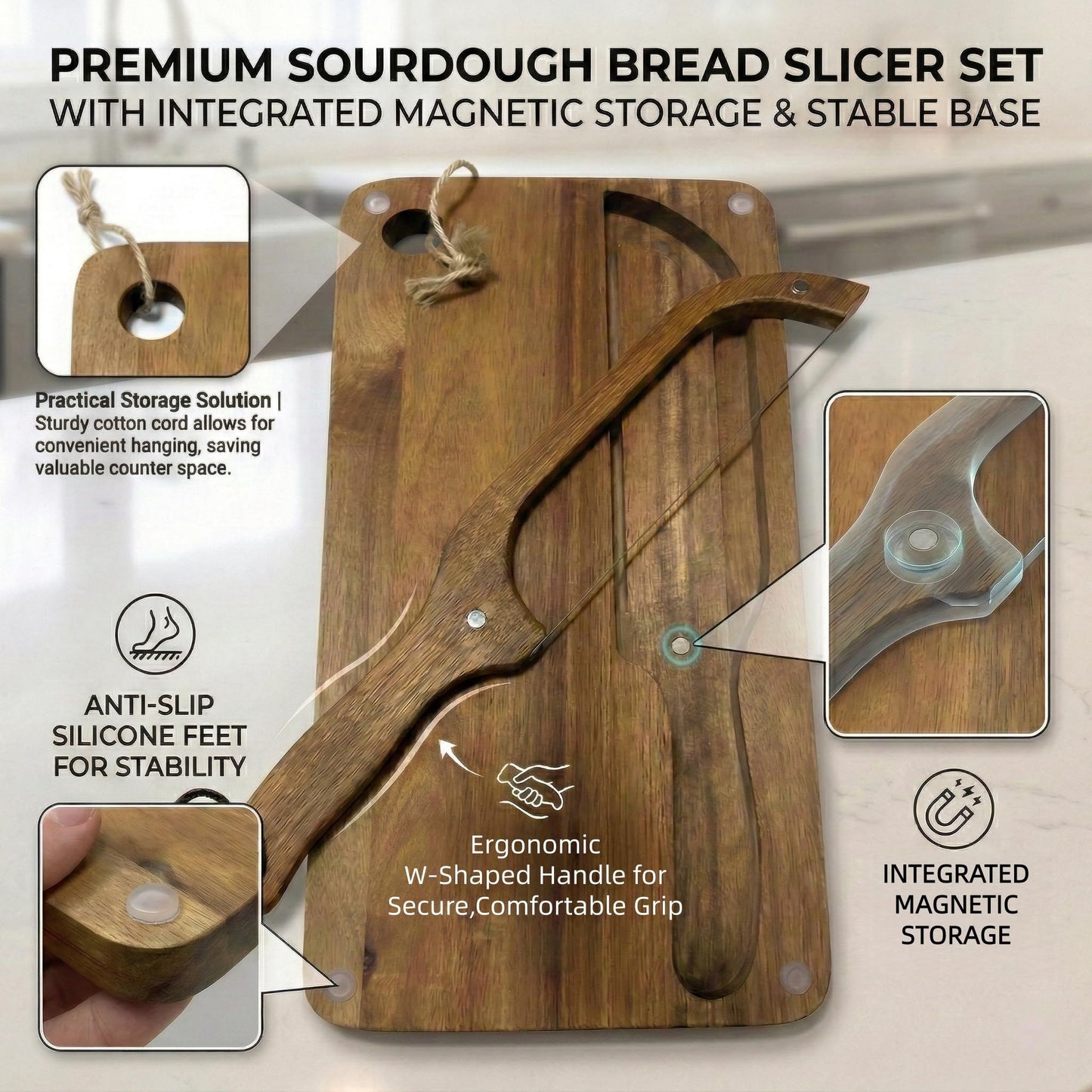 Sourdough Bread Slicer Set, Sourdough Knife & Bread Cutting Board with Crumb Tray Design, Ergonomic W-Handle Grip, Non-Slip Pads, Magnetic Storage, Left & Right Handed, Extra Blade, Bakers Gift