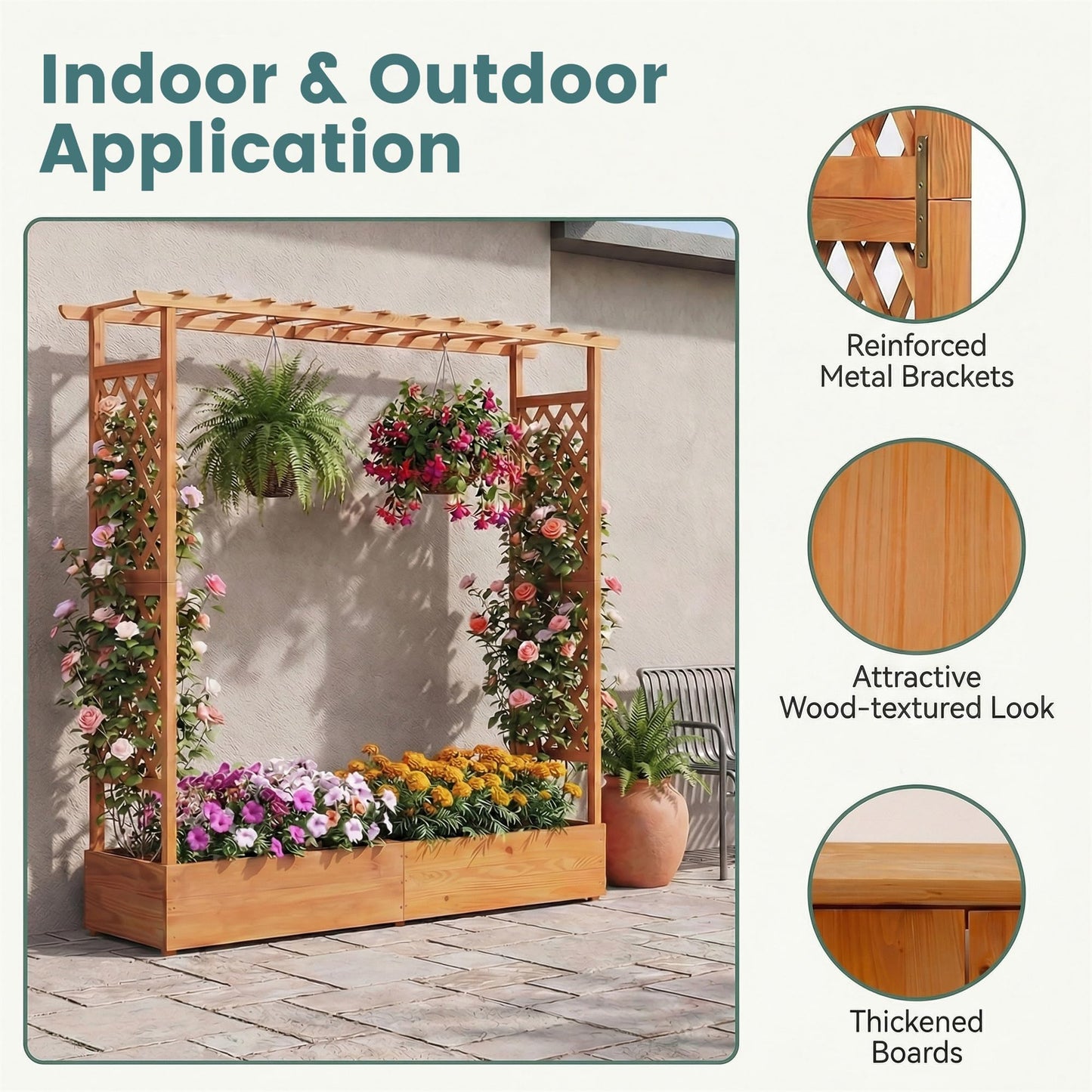 HAPPYGRILL Raised Garden Bed with Trellis, Freestanding Wood Planter Box w/Hanging Roof & Drainage Holes for Vine, Climbing Plants, Flowers, Outdoor Planter with Trellis for Garden, Patio, Yard (2)