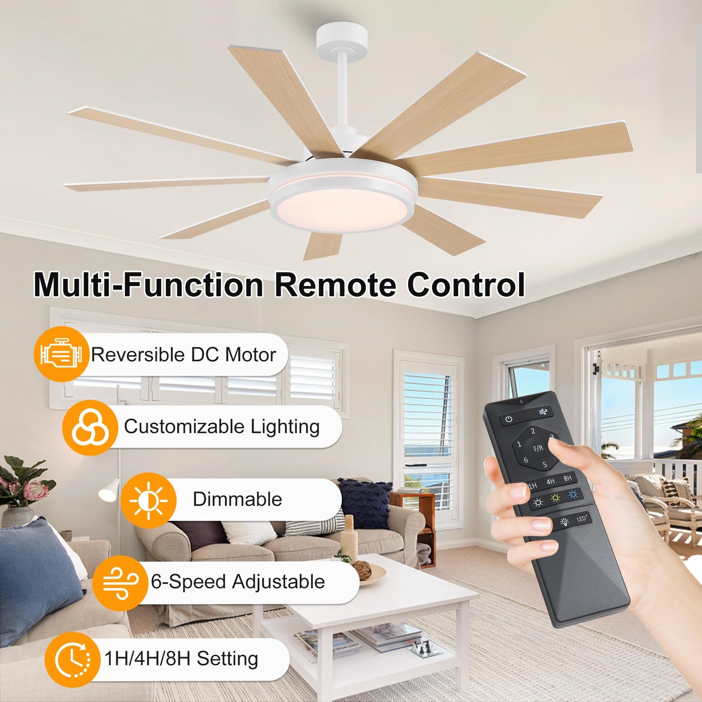WINGBO 60" Ceiling Fan with Light - Large LED Dimmable Light, 6-Speed Remote Control, Reversible DC Motor, Modern Ceiling Fan 9 Blades for Bedroom, Living Room, Indoor Outdoor White and Oak
