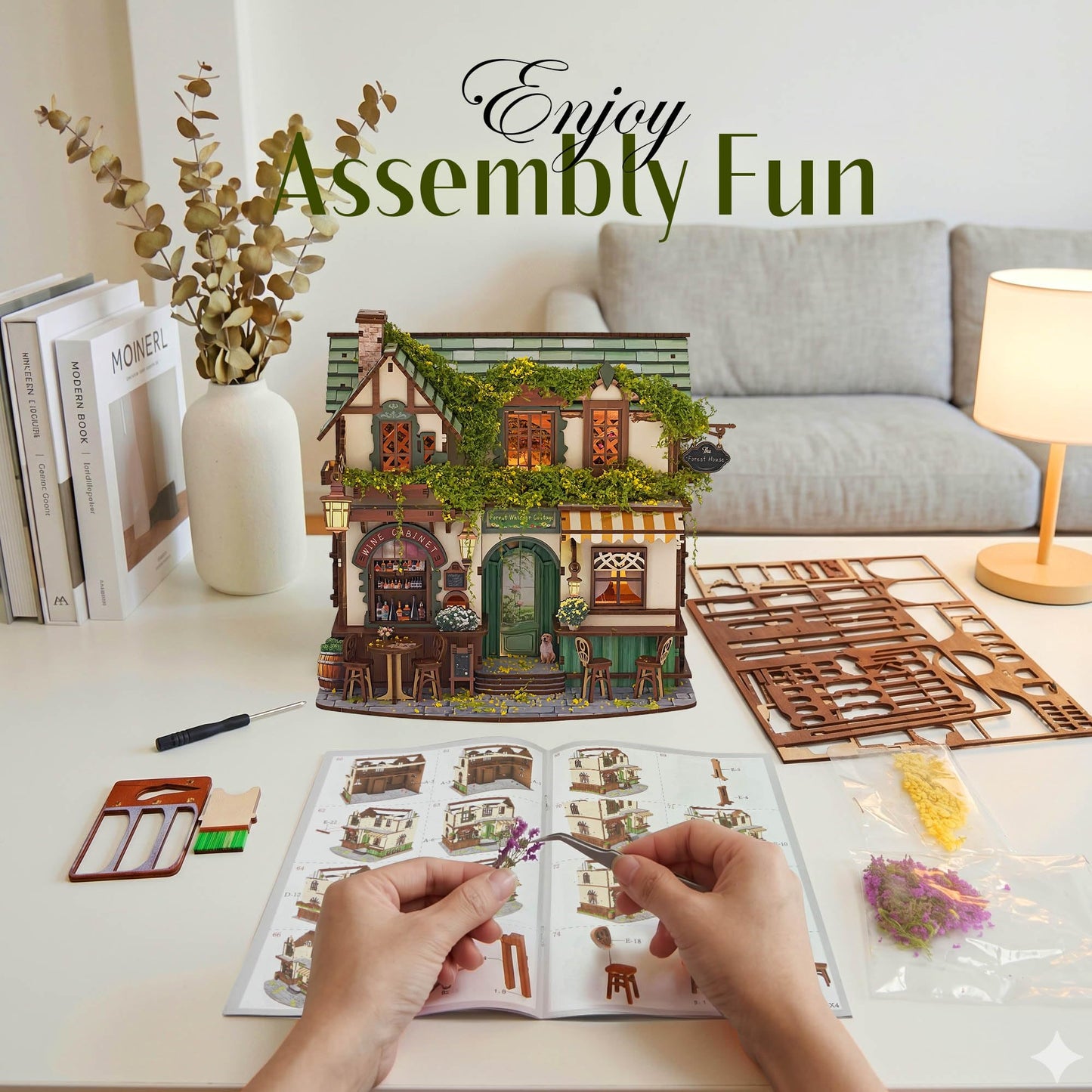 Lynnuo No Glue Needed DIY Miniature House Kit for Adults & Beginners,Whispering Woods Cottage 3D Wooden Puzzle Bookend, Satisfying Snap-Fit Assembly (185 Pcs,2.5 Hour Build)